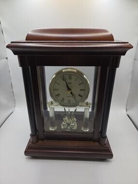 Stiffel Quartz Mantel Clock Rotating Pendulum Wood Glass Case Working Vintage
